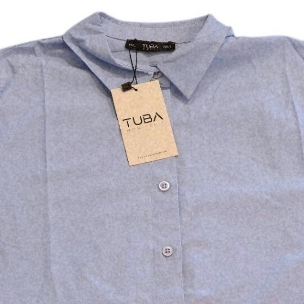 Tuba Butik Light Blue Asymmetric Cotton Poplin Button Down Tunic Shirt M/L NEW - Picture 3 of 9